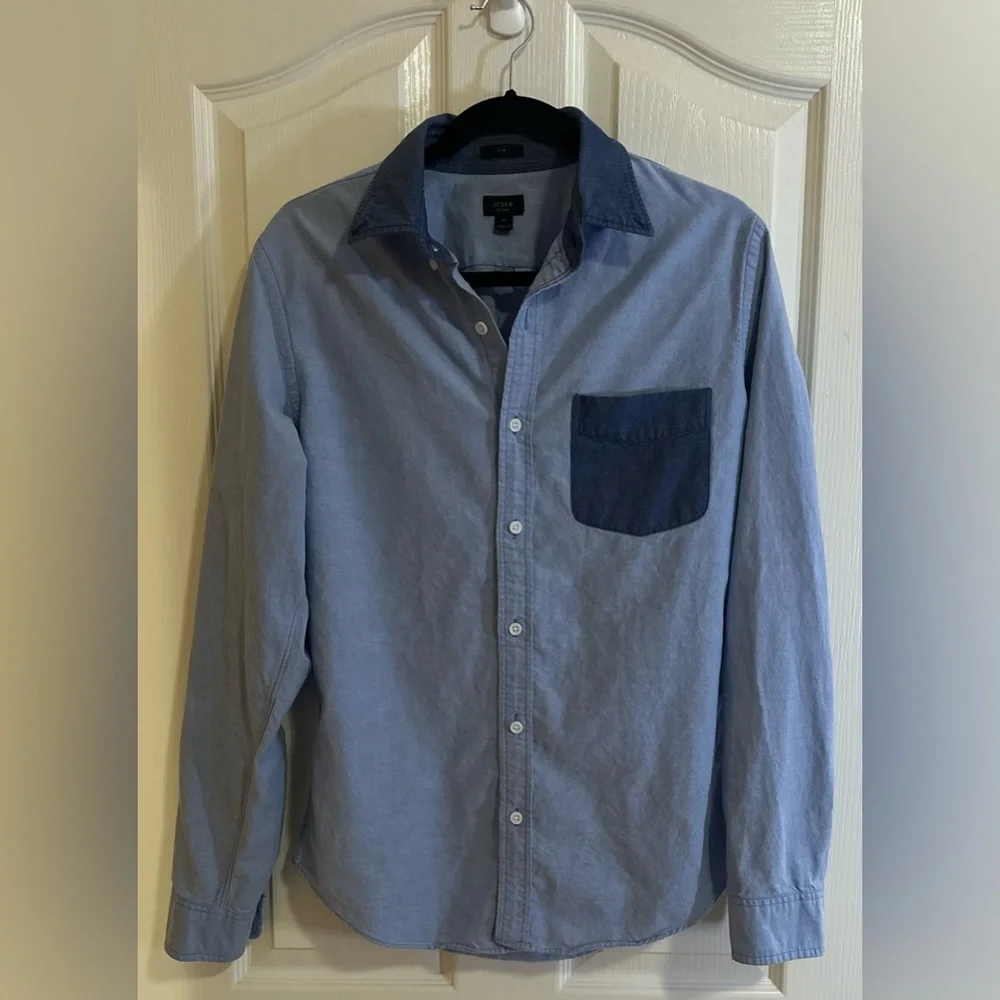 Men’s J. CREW SLIM FIT VINTAGE‎ CONTRAST TRIM OXFORD Chambray Button Up Shirt M.